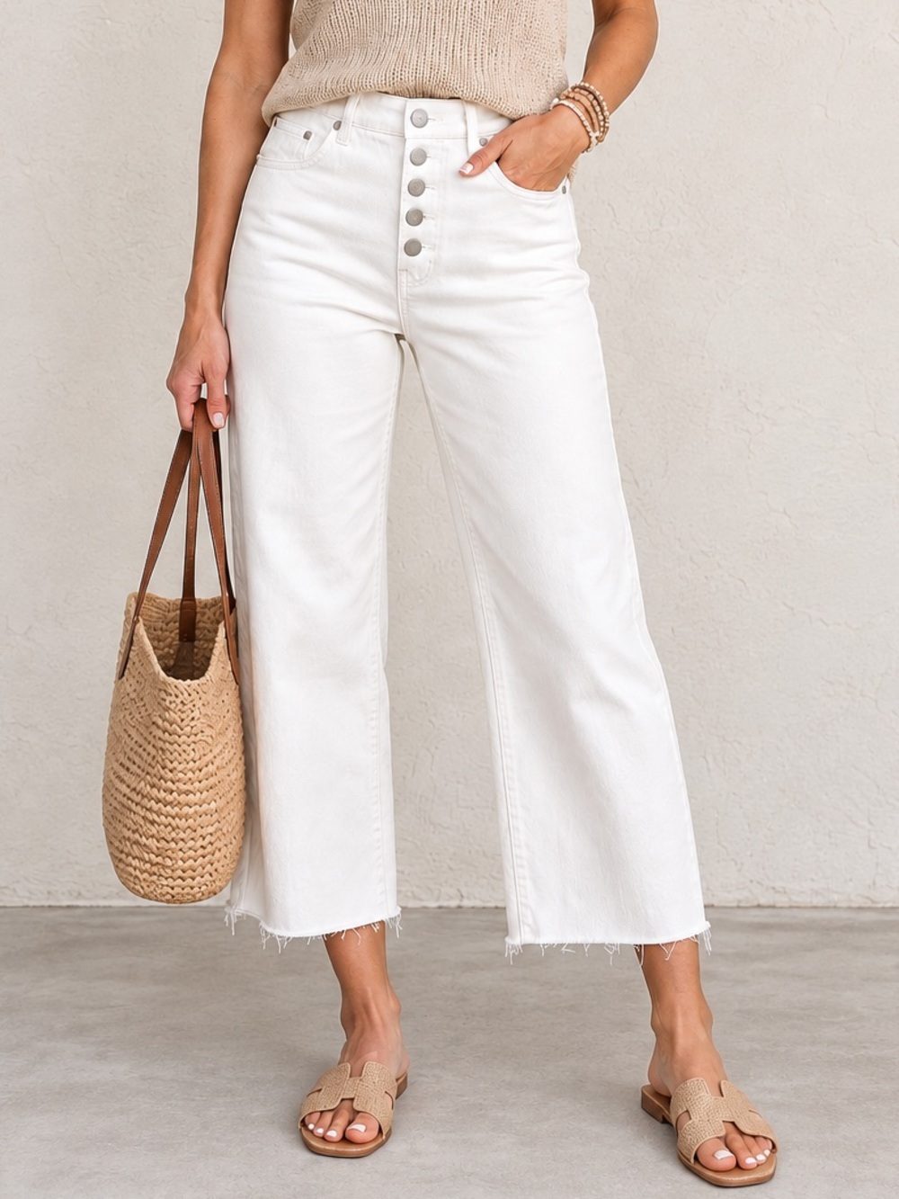 Judy Blue NWT Wide Leg Cropped Jeans 30 Inch Waist Off White Button Fly Raw Hem